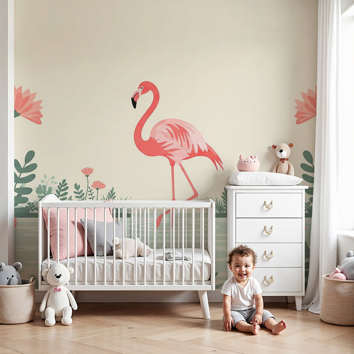 Behang voor babykamer | Roze flamingo omringd door delicate bloemen en groen gebladerte