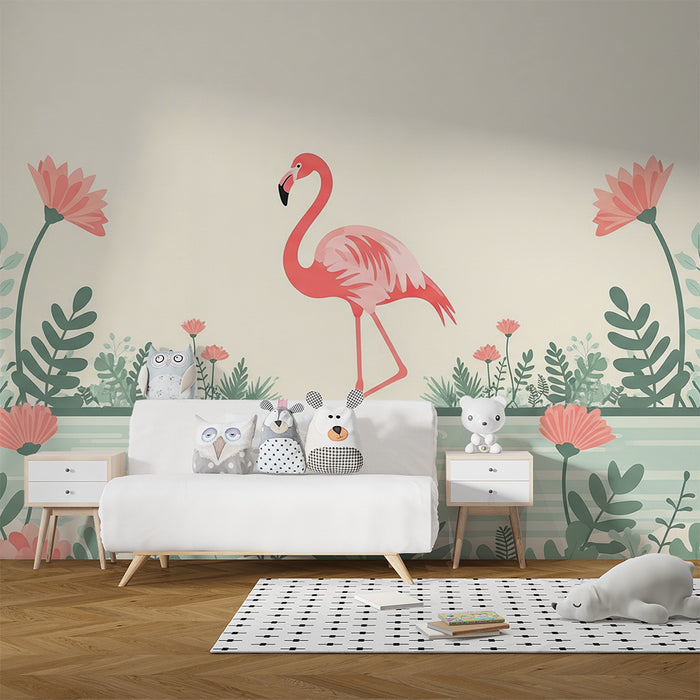 Behang voor babykamer | Roze flamingo omringd door delicate bloemen en groen gebladerte