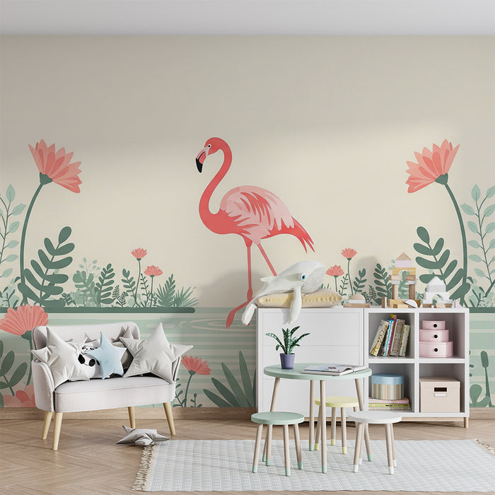 Behang voor babykamer | Roze flamingo omringd door delicate bloemen en groen gebladerte