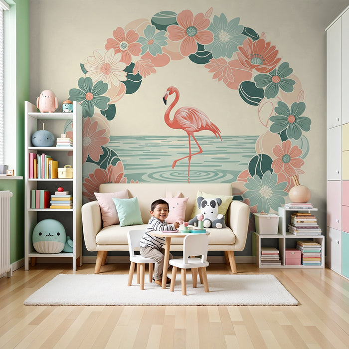 Baby room wallpaper | Pink flamingo surrounded by peonies and delicate flowers