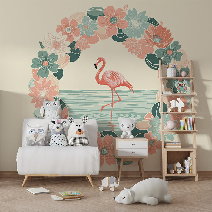 Baby room wallpaper | Pink flamingo surrounded by peonies and delicate flowers