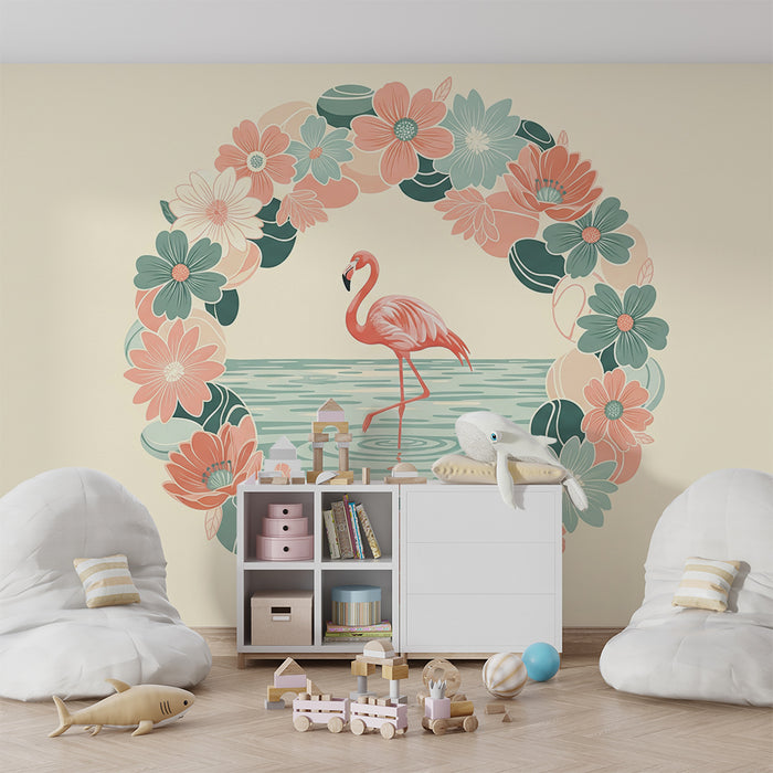 Baby room wallpaper | Pink flamingo surrounded by peonies and delicate flowers
