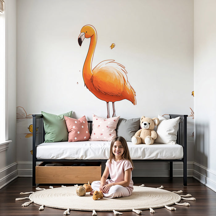 Nursery room wallpaper | Flamingo and ducklings in an aquatic setting