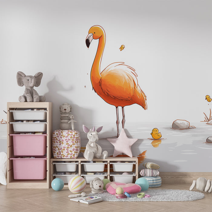 Nursery room wallpaper | Flamingo and ducklings in an aquatic setting