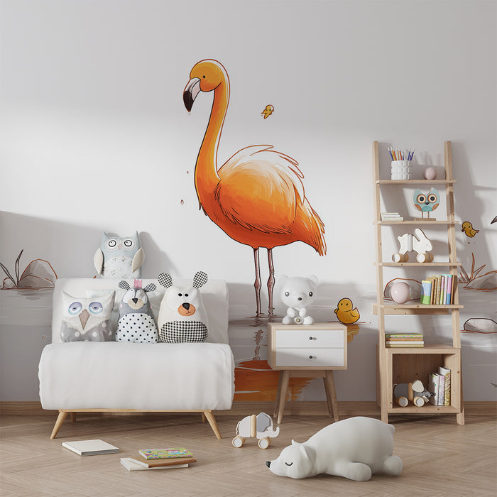 Nursery room wallpaper | Flamingo and ducklings in an aquatic setting