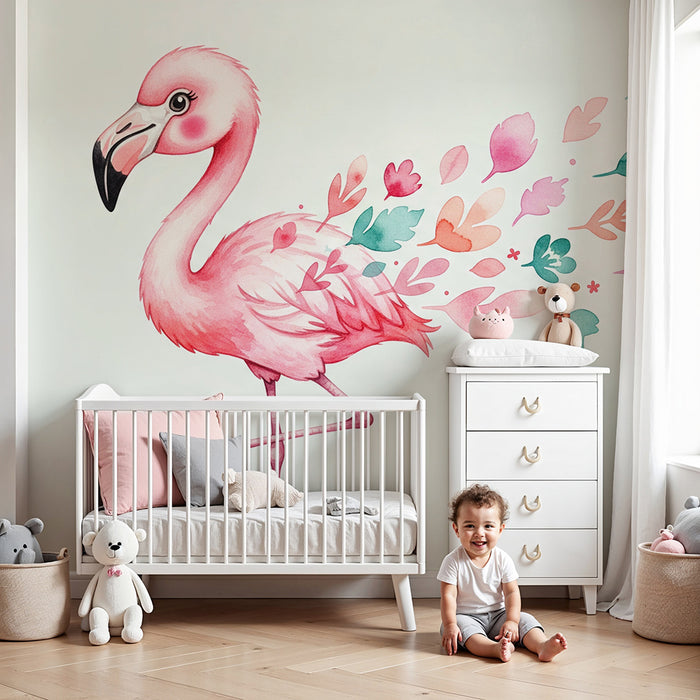 Barnrumstapet | Rosa flamingo och färgglatt vattenverkslövverk