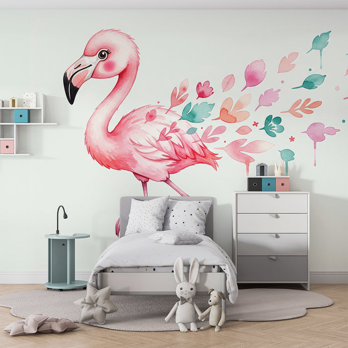 Barnrumstapet | Rosa flamingo och färgglatt vattenverkslövverk