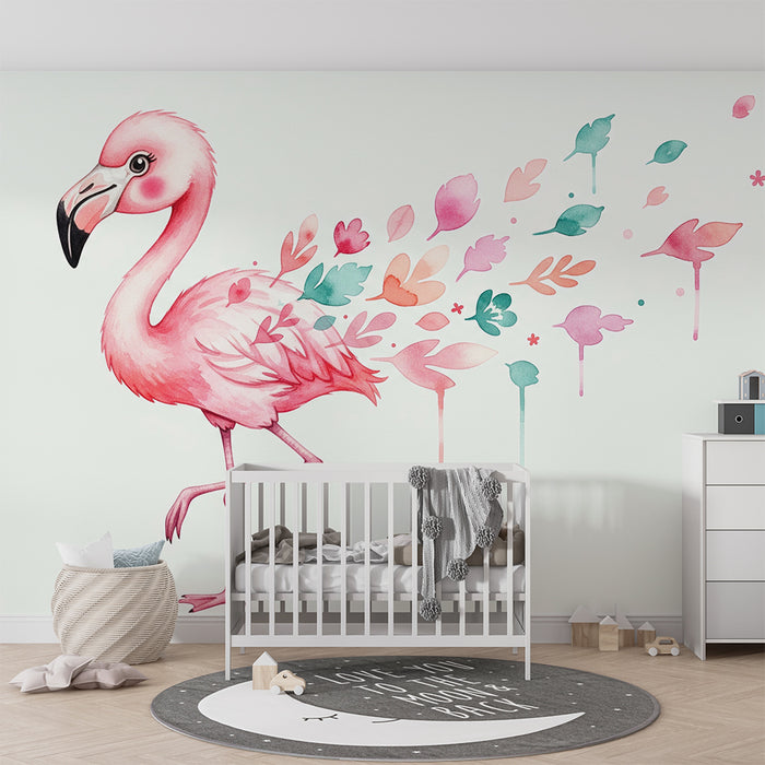 Barnrumstapet | Rosa flamingo och färgglatt vattenverkslövverk