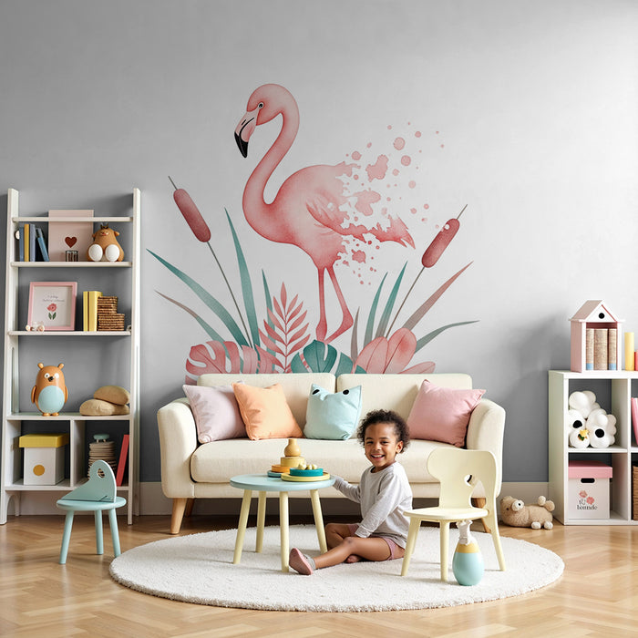 Papel de parede para quarto de bebé | Flamingo e folhagem tropical em aguarela