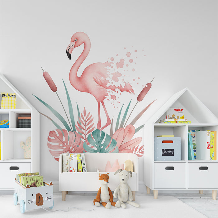 Papel de parede para quarto de bebé | Flamingo e folhagem tropical em aguarela
