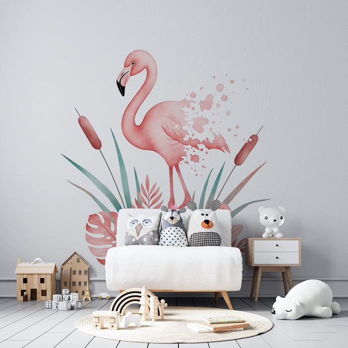 Papel de parede para quarto de bebé | Flamingo e folhagem tropical em aguarela