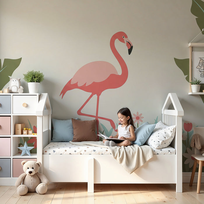 Baby nursery wallpaper | Pink flamingo and colorful flowers in a tropical garden