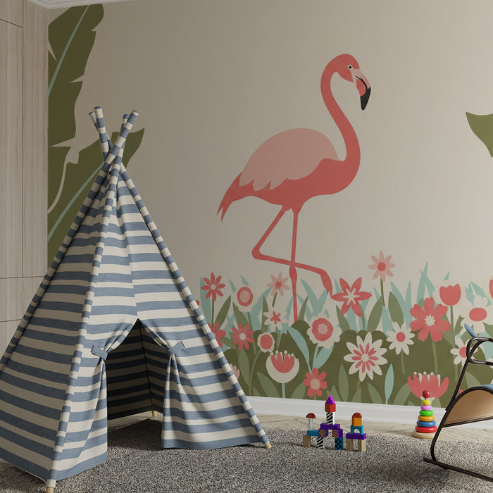 Baby nursery wallpaper | Pink flamingo and colorful flowers in a tropical garden