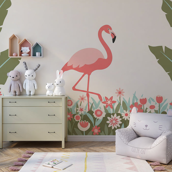Baby nursery wallpaper | Pink flamingo and colorful flowers in a tropical garden