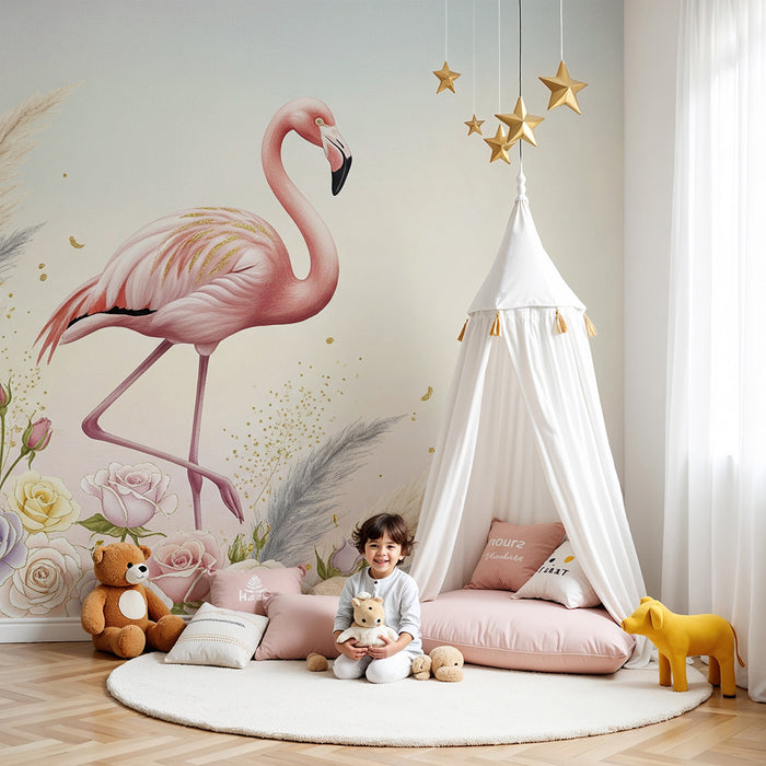 Lastenhuoneen tapetti | Flamingo ja herkät kukat pastellisessa tunnelmassa