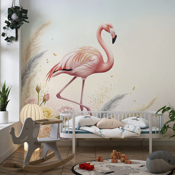 Lastenhuoneen tapetti | Flamingo ja herkät kukat pastellisessa tunnelmassa