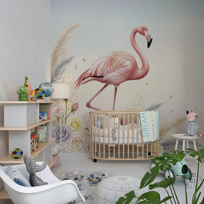 Lastenhuoneen tapetti | Flamingo ja herkät kukat pastellisessa tunnelmassa