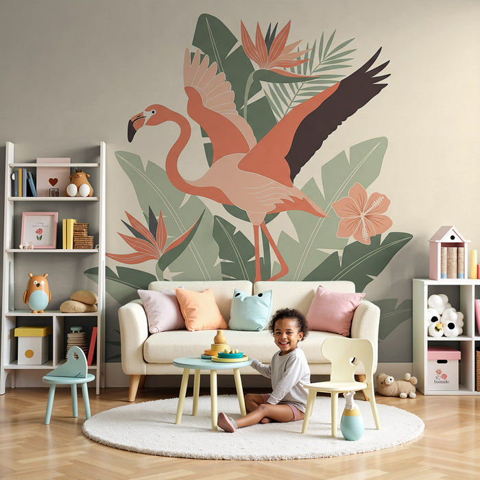 Baby room wallpaper | Pink flamingo and tropical flowers in a colorful jungle