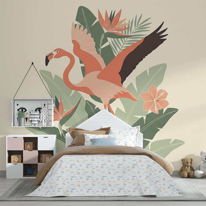 Baby room wallpaper | Pink flamingo and tropical flowers in a colorful jungle