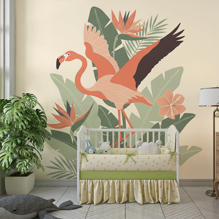 Baby room wallpaper | Pink flamingo and tropical flowers in a colorful jungle