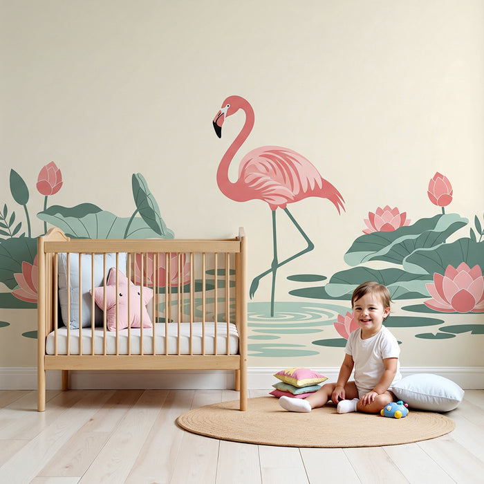 Iată textul tradus în limba română, într-un stil natural și potrivit pentru un site de comerț electronic:

**Tapet cameră bebeluș | Flamingo roz și nuferi într-un decor acvatic liniștitor**