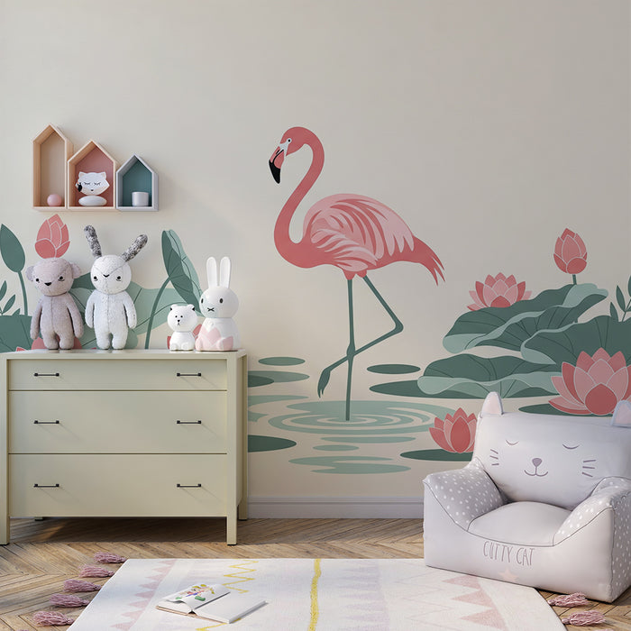 Iată textul tradus în limba română, într-un stil natural și potrivit pentru un site de comerț electronic:

**Tapet cameră bebeluș | Flamingo roz și nuferi într-un decor acvatic liniștitor**