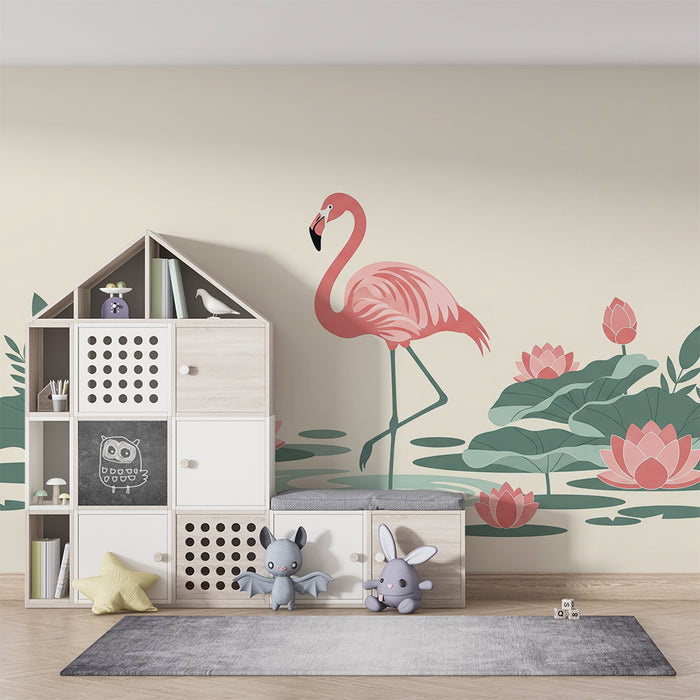 Iată textul tradus în limba română, într-un stil natural și potrivit pentru un site de comerț electronic:

**Tapet cameră bebeluș | Flamingo roz și nuferi într-un decor acvatic liniștitor**