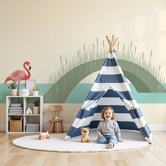 Babyzimmer Tapete | Flamingo und minimalistisches Wasserlandschafts-Design