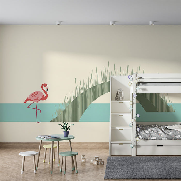 Babyzimmer Tapete | Flamingo und minimalistisches Wasserlandschafts-Design