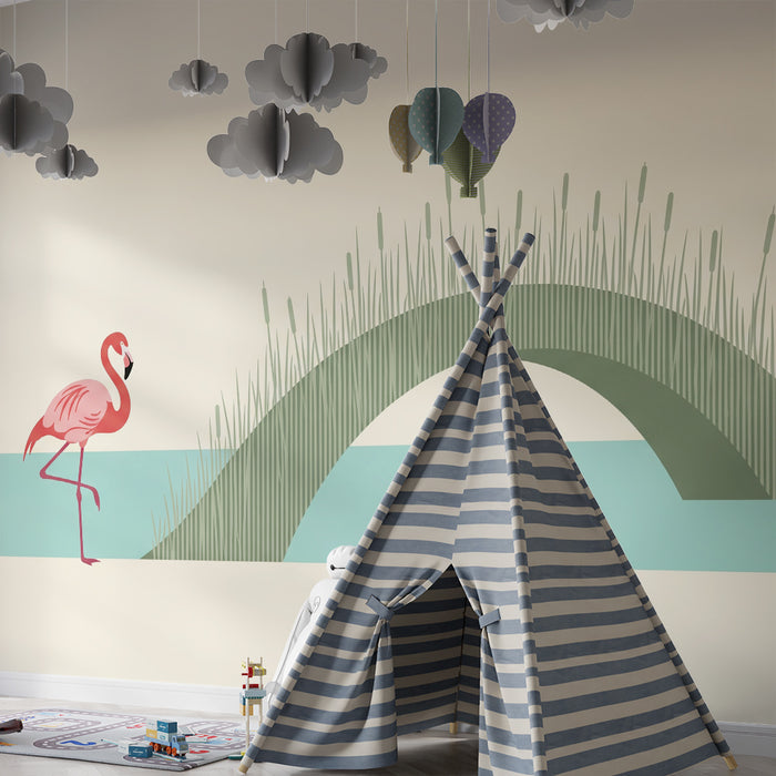 Babyzimmer Tapete | Flamingo und minimalistisches Wasserlandschafts-Design