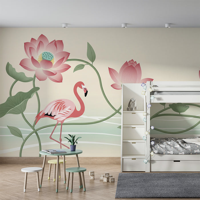 Carta da parati per cameretta | Fenicotteri e peonie in un rilassante ambiente acquatico