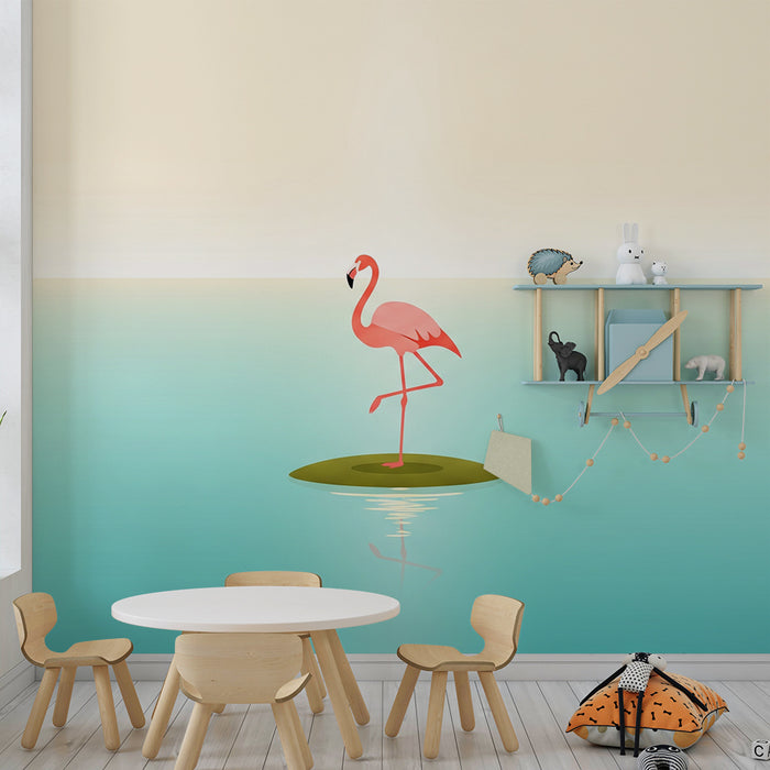 Nursery wallpaper | Flamingo on a peaceful island