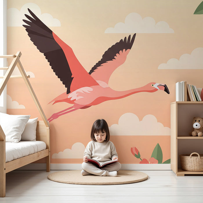 Veggissett for barnas rom | Flyvende flamingo blant blomster