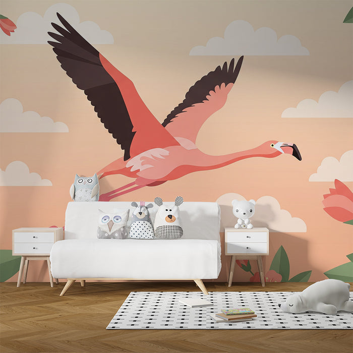 Veggissett for barnas rom | Flyvende flamingo blant blomster