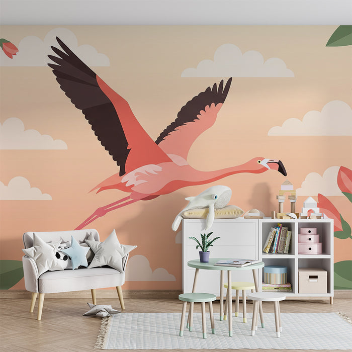 Veggissett for barnas rom | Flyvende flamingo blant blomster