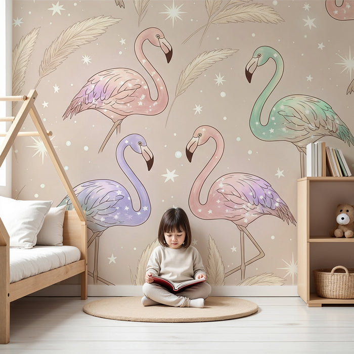Lastenhuoneen tapetti | Värikkäät flamingot tähtitaivaan alla