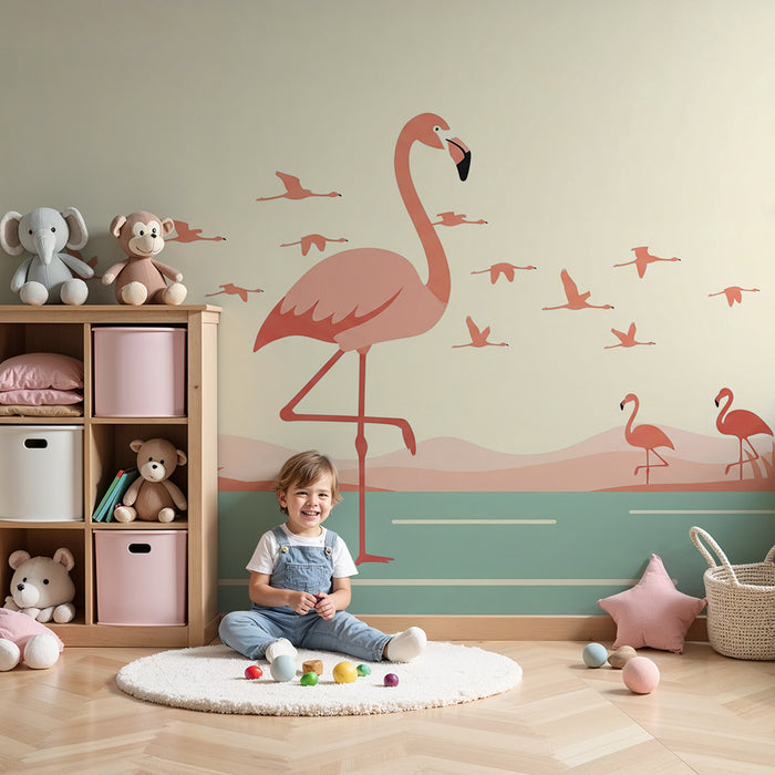 Baby room wallpaper | Flamingos in a soothing landscape with soft tones