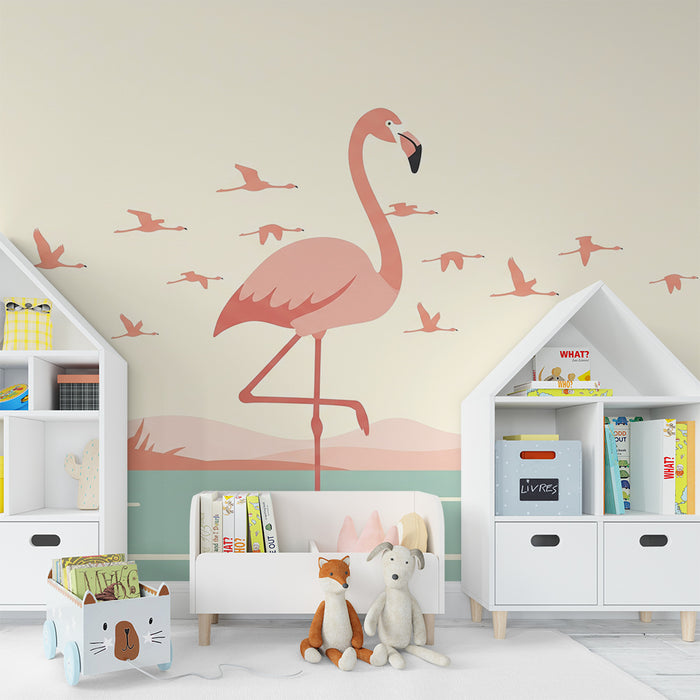 Baby room wallpaper | Flamingos in a soothing landscape with soft tones