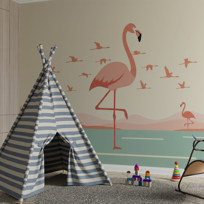 Baby room wallpaper | Flamingos in a soothing landscape with soft tones