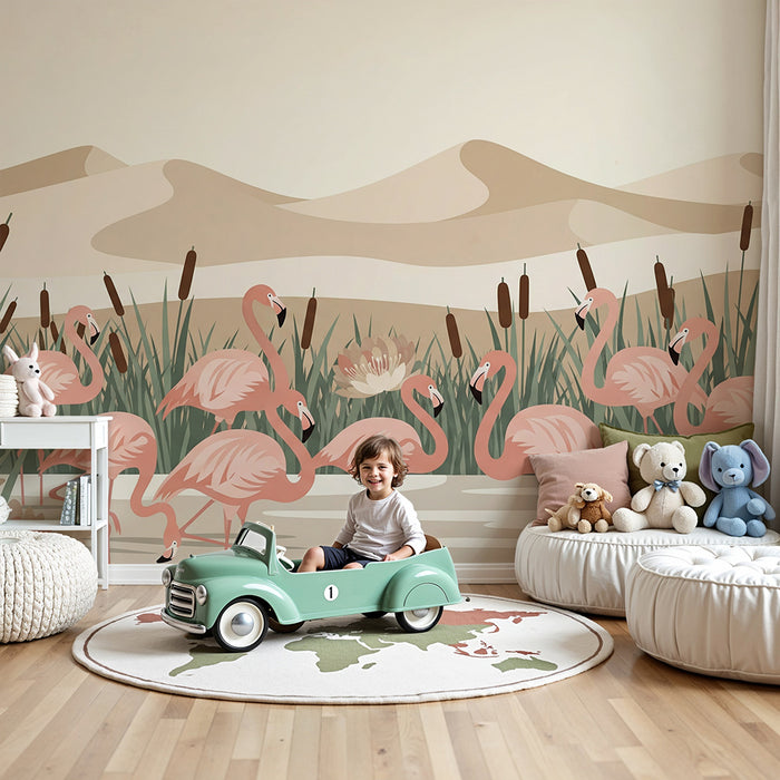 Baby room wallpaper | Pink flamingos in a gentle, soothing landscape