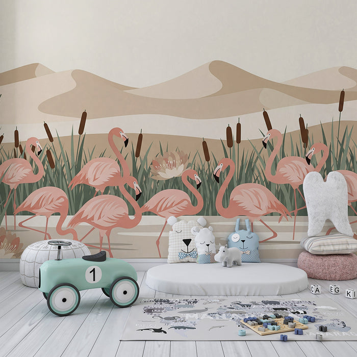 Baby room wallpaper | Pink flamingos in a gentle, soothing landscape
