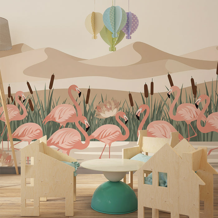 Baby room wallpaper | Pink flamingos in a gentle, soothing landscape