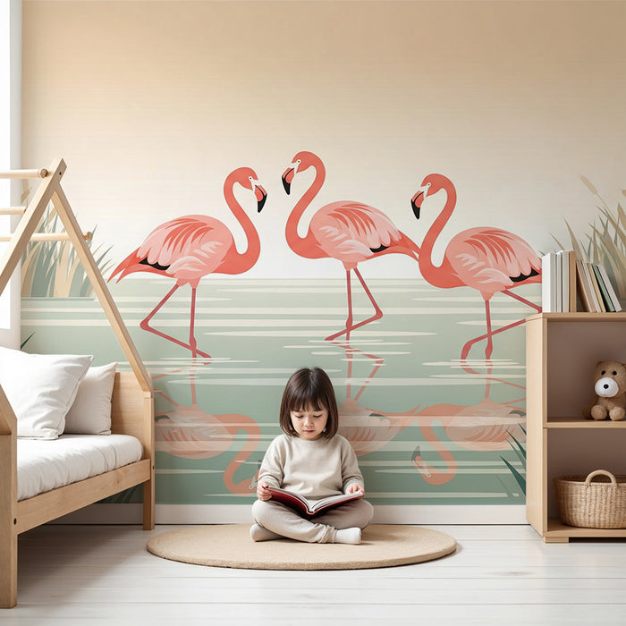 Babyzimmer Tapete | Flamingos in einer beruhigenden Wasserlandschaft