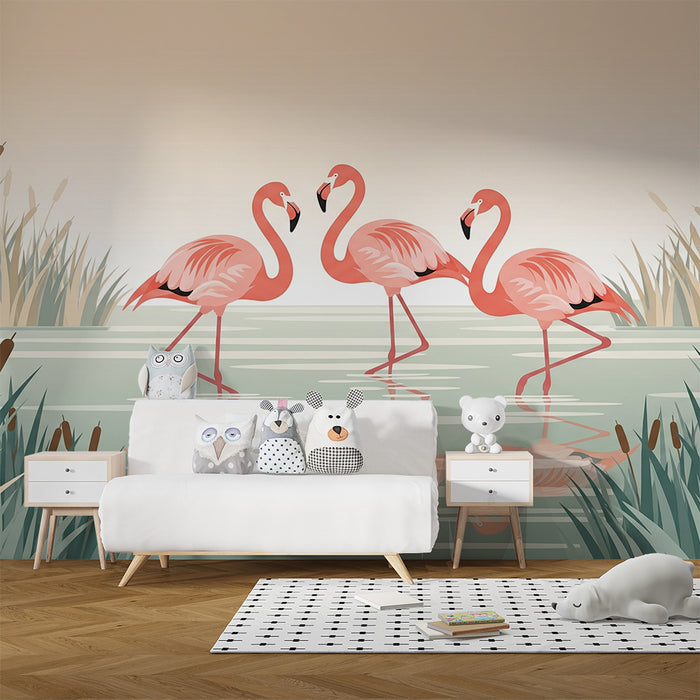 Babyzimmer Tapete | Flamingos in einer beruhigenden Wasserlandschaft