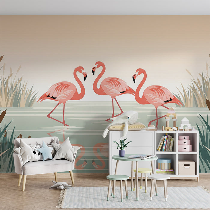 Babyzimmer Tapete | Flamingos in einer beruhigenden Wasserlandschaft
