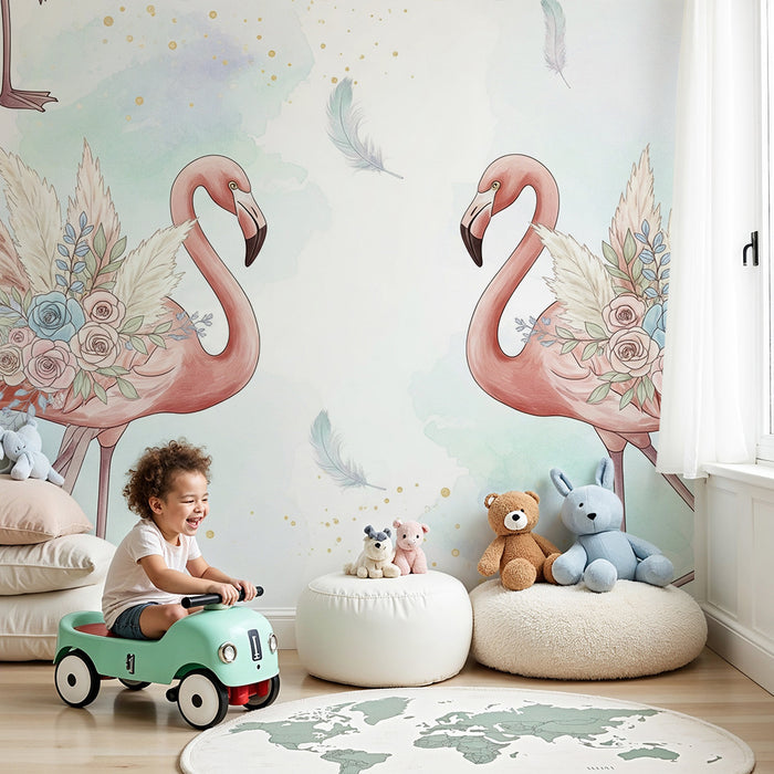 Papier peint chambre bébé | Flamants roses élégants avec fleurs délicates