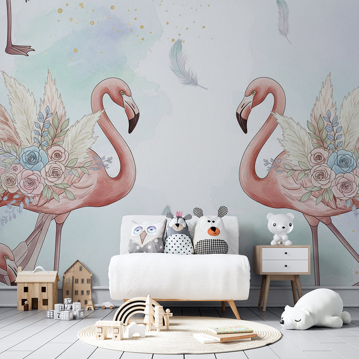 Papier peint chambre bébé | Flamants roses élégants avec fleurs délicates