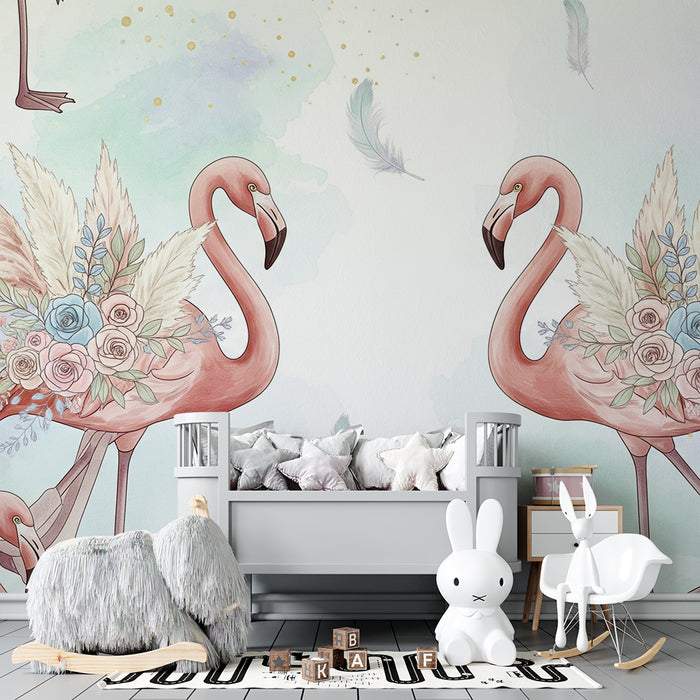 Papier peint chambre bébé | Flamants roses élégants avec fleurs délicates