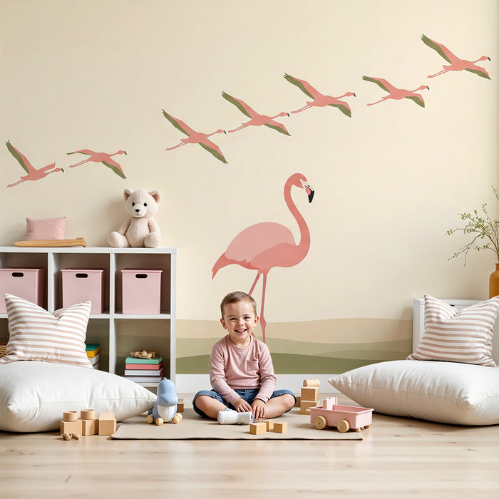 Baby room wallpaper | Elegant flamingos on a soft background