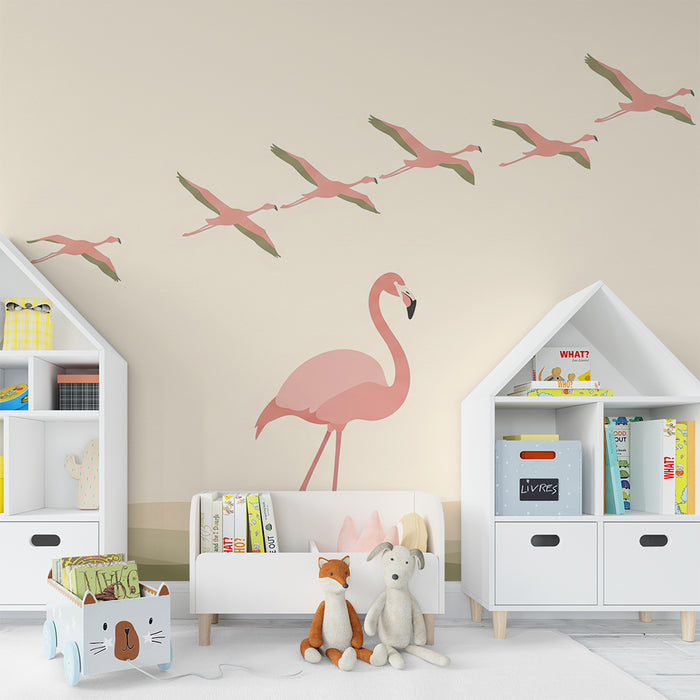 Baby room wallpaper | Elegant flamingos on a soft background